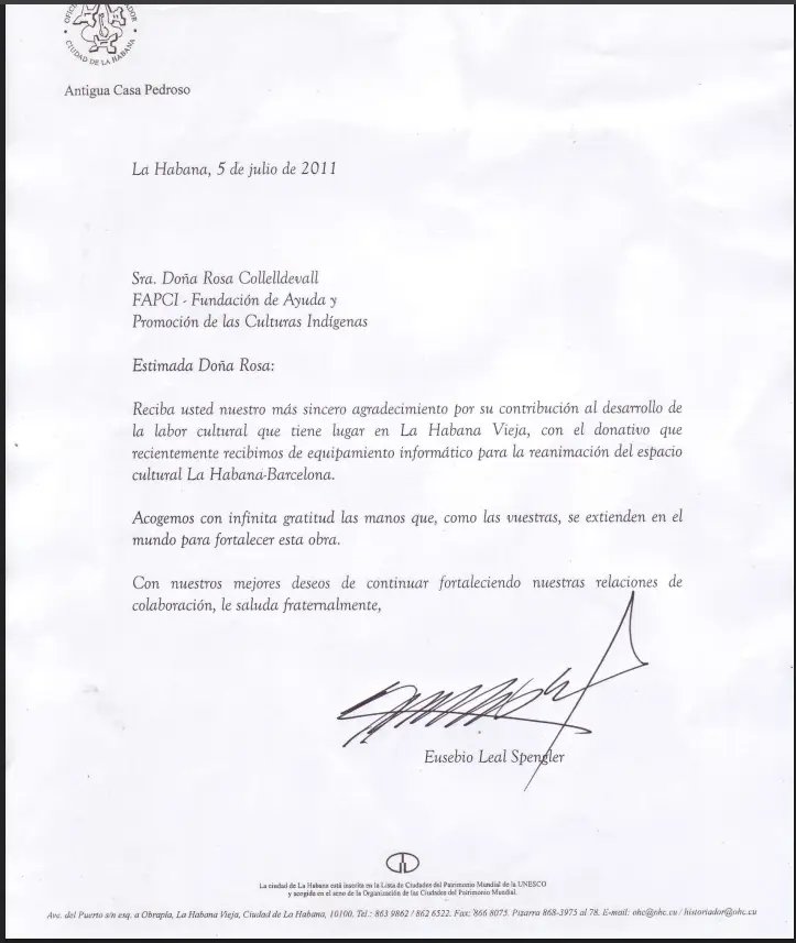 Carta de agradecimiento a Rosa Collelldevall y FAPCI firmada por Eusebio Leal Spengler en 2011.
