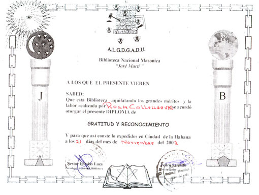 Trayectoria internacional y reconocimientos Diploma Biblioteca Masonica Copia