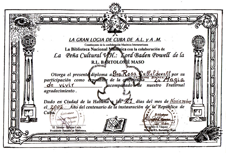 Trayectoria internacional y reconocimientos Diploma Gran Logia De Cuba