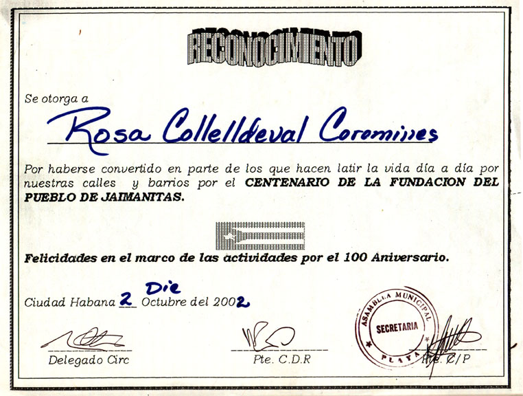 Trayectoria internacional y reconocimientos Diploma Pueblo De Jaimanitas