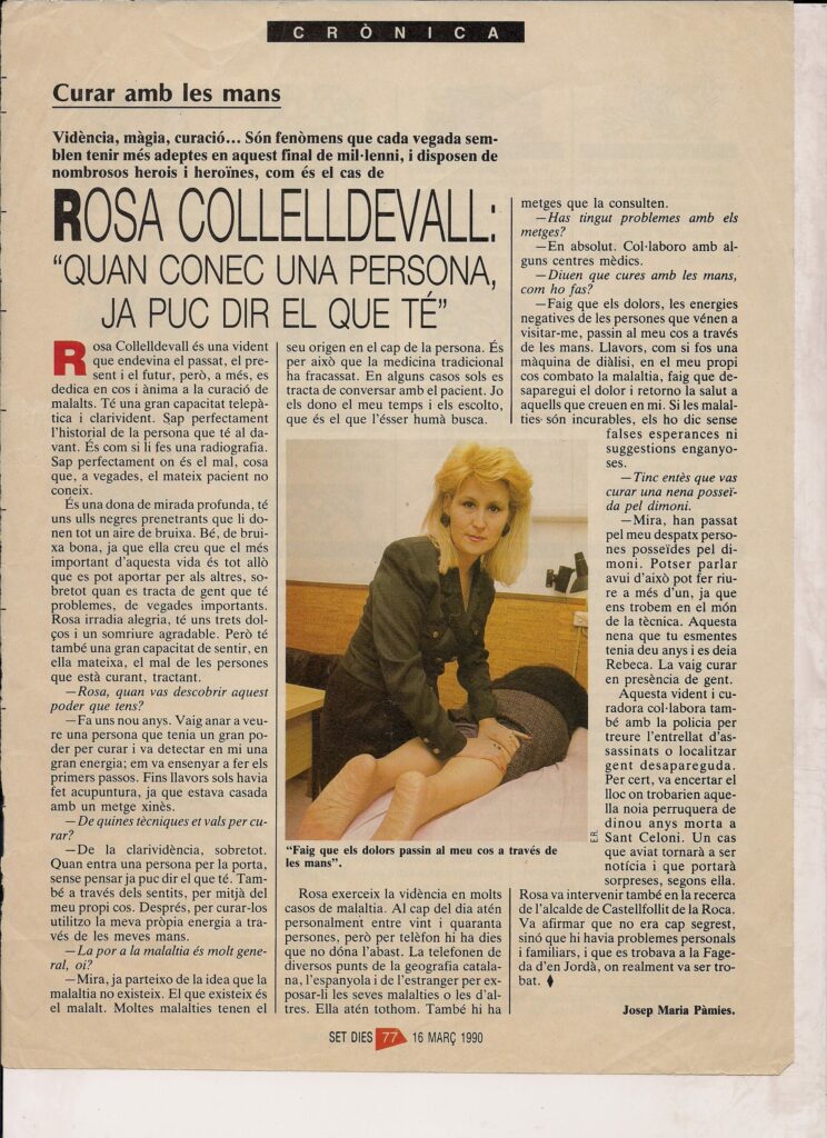 Trayectoria internacional y reconocimientos Reportaje en catalán sobre Rosa Collelldevall titulado «Curar amb les mans».